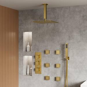 5-Spray Patterns Shower Faucet Set 12 in. Ceiling Mount Dual Shower Heads with 6-Jets in Brushed Gold (Valve Included