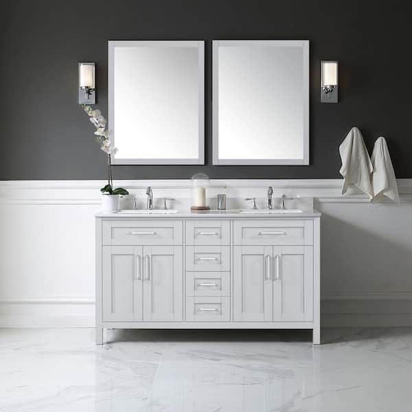 OVE Decors Tahoe 72 in. W x 21 in. D x 34 in. H Double Sink Vanity in Dove Gray with White Engineered Marble Top, Mirrors & Outlet