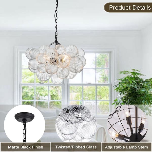 Neuvy 3-Light 23.6 in. W Black Chandelier with Swirled-Glass Orb Cluster Bubble Ribbed Glass Chandelier for Living Room