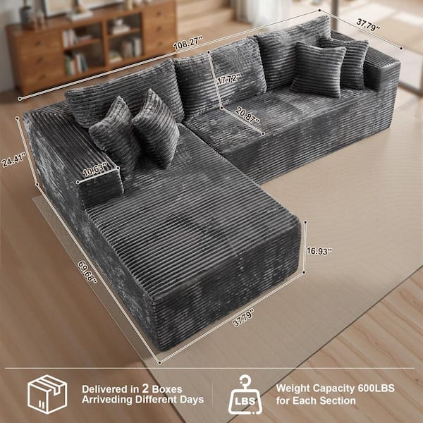 Allwex DIMO 108 in. Wide Arm 2-Piece Modern Plush Corduroy L-Shape