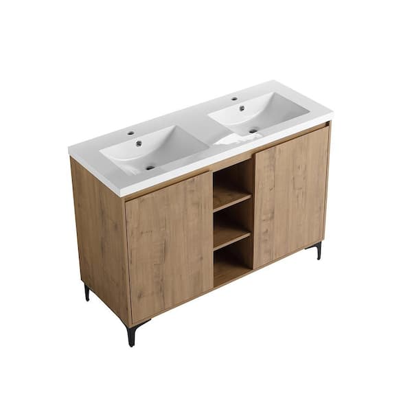 Marsyas 48 in. W x 18.3 in. D x 34.6 in. H Double Sink Freestanding Imitative Oak Bath Vanity with White Resin Top