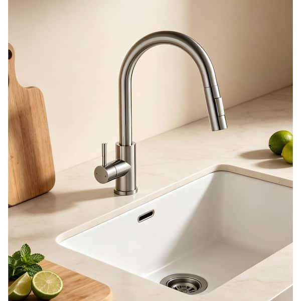15.67 in. Single Handle Pull Down Sprayer Kitchen Faucet with Stainless Steel 360 ° Spout Swivel in Brushed Nickel