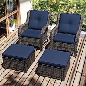 4-Piece Wicker Outdoor Patio Conversation Set with Blue Cushions and Ottoman