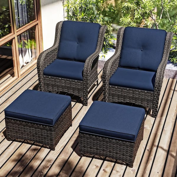 JOYSIDE 4-Piece Wicker Outdoor Patio Conversation Set with Blue Cushions and Ottoman