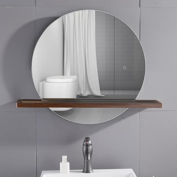 ELLO&ALLO 24 in. W x 24 in. H Single Frameless Round LED Light Bathroom Wall Vanity Mirror with Shelf, Clear