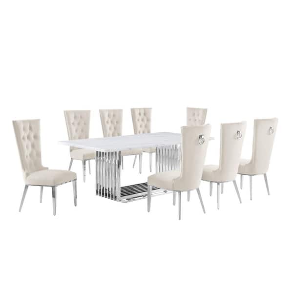 Best Quality Furniture Lisa 9-Piece Rectangular White Marble Top Stainless Steel Base Dining Set With 8-Cream Velvet Fabric Chairs