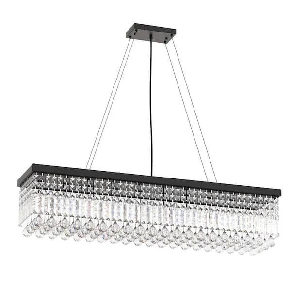 10-Light Matte Black Modern Rectangle K9 Crystal Chandelier, Iron E12 Pendant Light for Dining Room or Kitchen Island