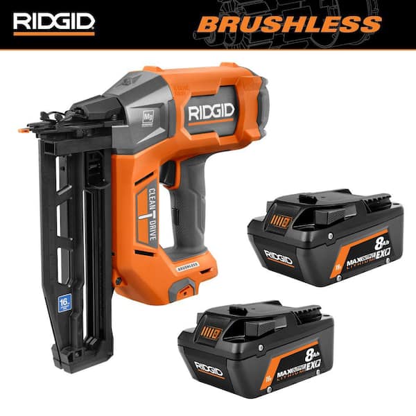 RIDGID 18V Brushless Cordless 16-Gauge 2-1/2 in. Straight Finish Nailer with 18V 8.0 Ah Max Output EXP Battery (2-Pack)
