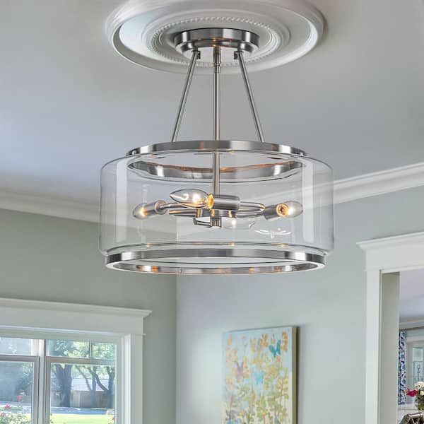 16 in. 4-Light Drum Brushed Nickel Semi-Flush Mount with Clear Glass Shade for Kitchen Foyer Bedroom