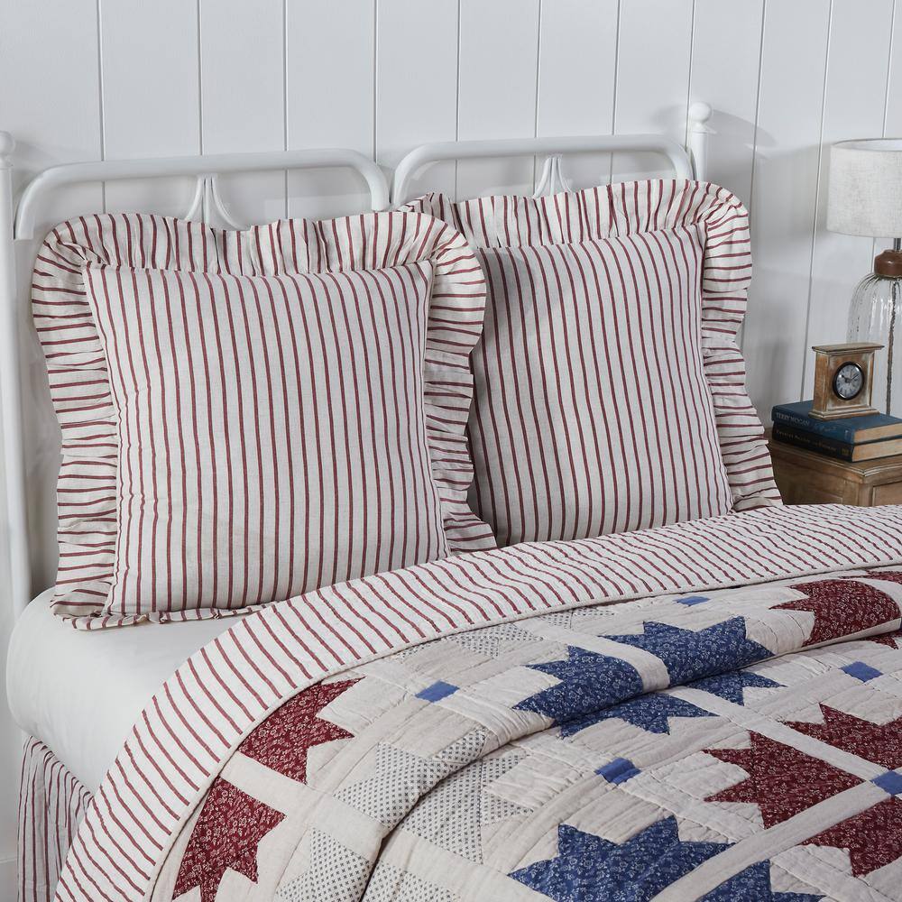 Red and Creme Striped Cotton Euro Sham with Ruffles