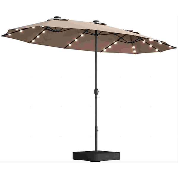 Angel Sar 15 x 9 ft. Large Double-Sided Rectangular Outdoor Twin Patio Market Umbrella with Light and Base, Taupe