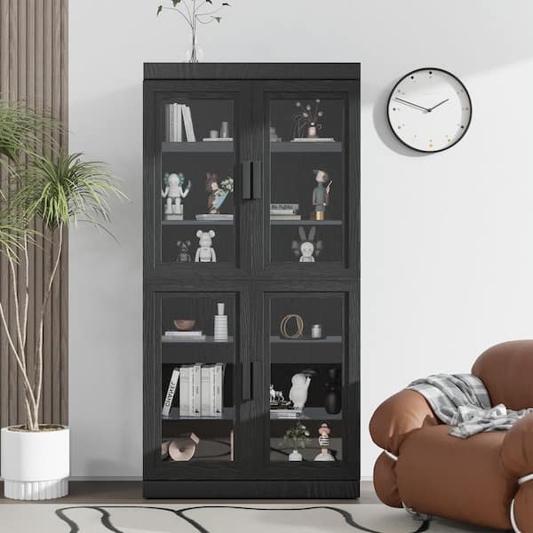 62 in. Tall Black Wood 4-Shelf Standard Bookcase with Adjustable Shelves, Glass Doors Storage