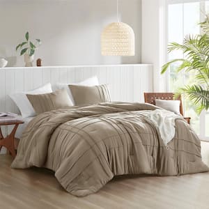 Porter 3-Piece Khaki Microfiber Queen Soft Washed Pleated Comforter Set