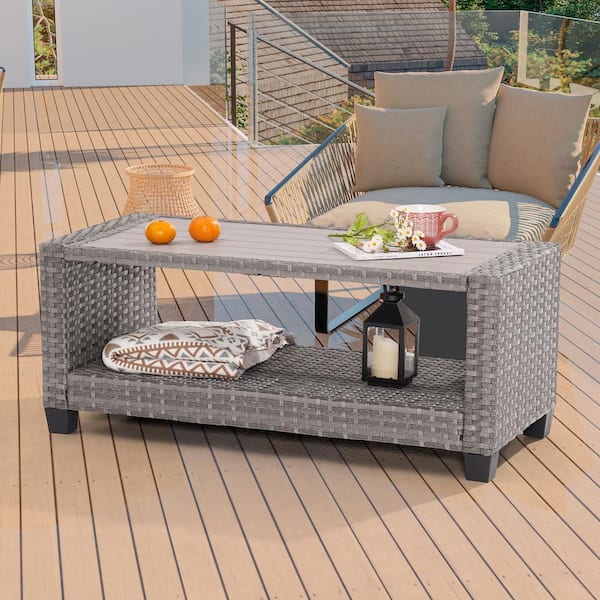 Sonkuki Outdoor PE Gray Wicker Coffee Table, Rectangular Water-Proof Coffee HIPS Tabletop