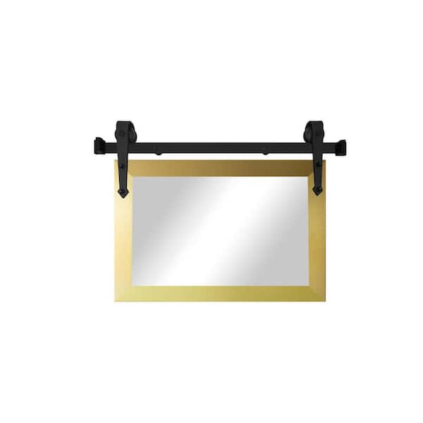 (33 in. W x 26 in. H) Gold Modern Rustic Vertical Mirror with Steel Barn Door Rail