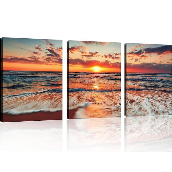Unbranded 3-Piece 12 in. x 16 in. Framed Beach Ocean Sunrise Canvas Wall Art Set, Seascape Decor for Home