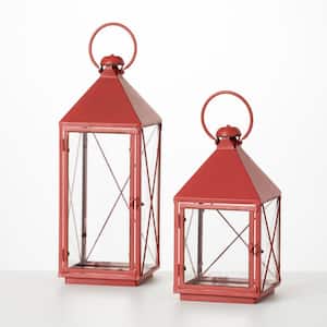 19.5 in. H and 13.5 in. H Holiday Red Metal Lantern Set