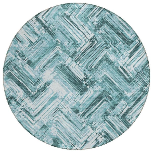 Teal Blue, Aqua, Ivory 8 ft. Round Woven Geometric Polyester Round Indoor/Outdoor Area Rug