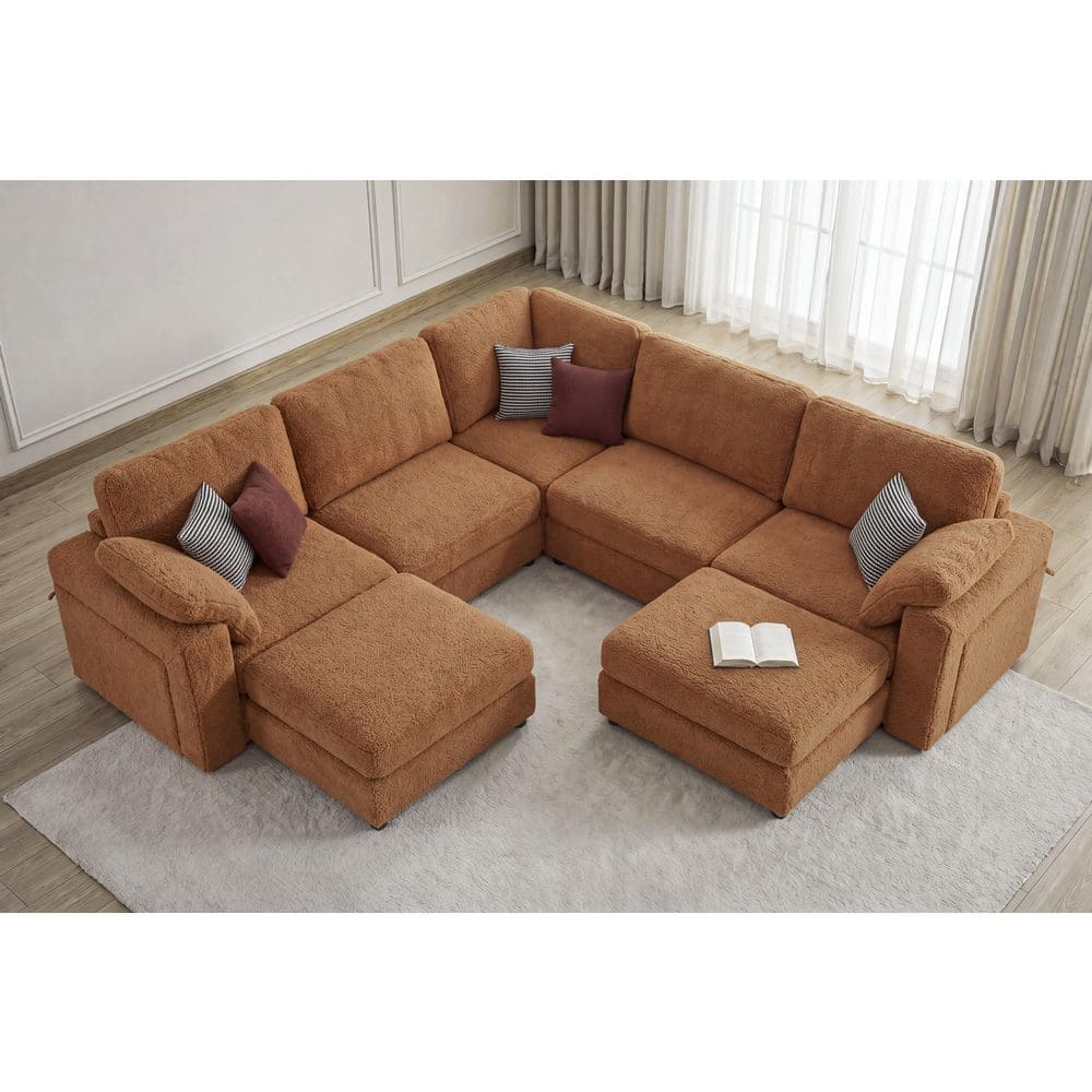 121 in. Straight Arm 7-Piece Chenille Oversized Modular Sectional Sofa L-Shaped Sofa Corner Sofa with 2-Ottoman in Brown