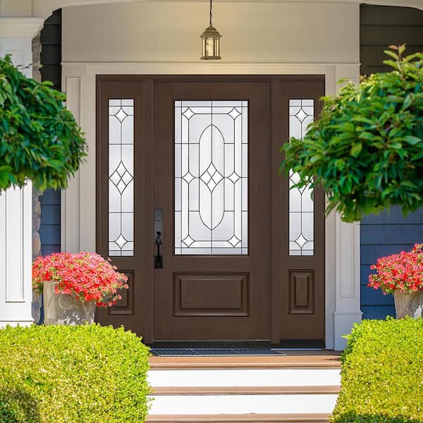 Regency 64 in. x 80 in. 3/4L Axis Glass RHIS Hickory Mahogany Fiberglass Prehung Front Door w/12 in. -3/4SLs 6-9/16