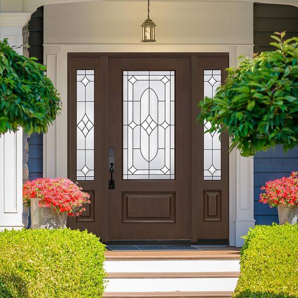 Regency 68 in. x 80 in. 3/4L Axis Glass RHIS Hickory Mahogany Fiberglass Prehung Front Door w/14in-3/4SLs 6-9/16