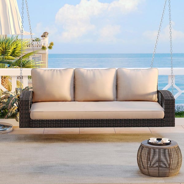 69" PE Wicker 3-Person Porch Swing with Chains, Large Patio Swing Bench with Cushions for Backyard, Garden, Brown