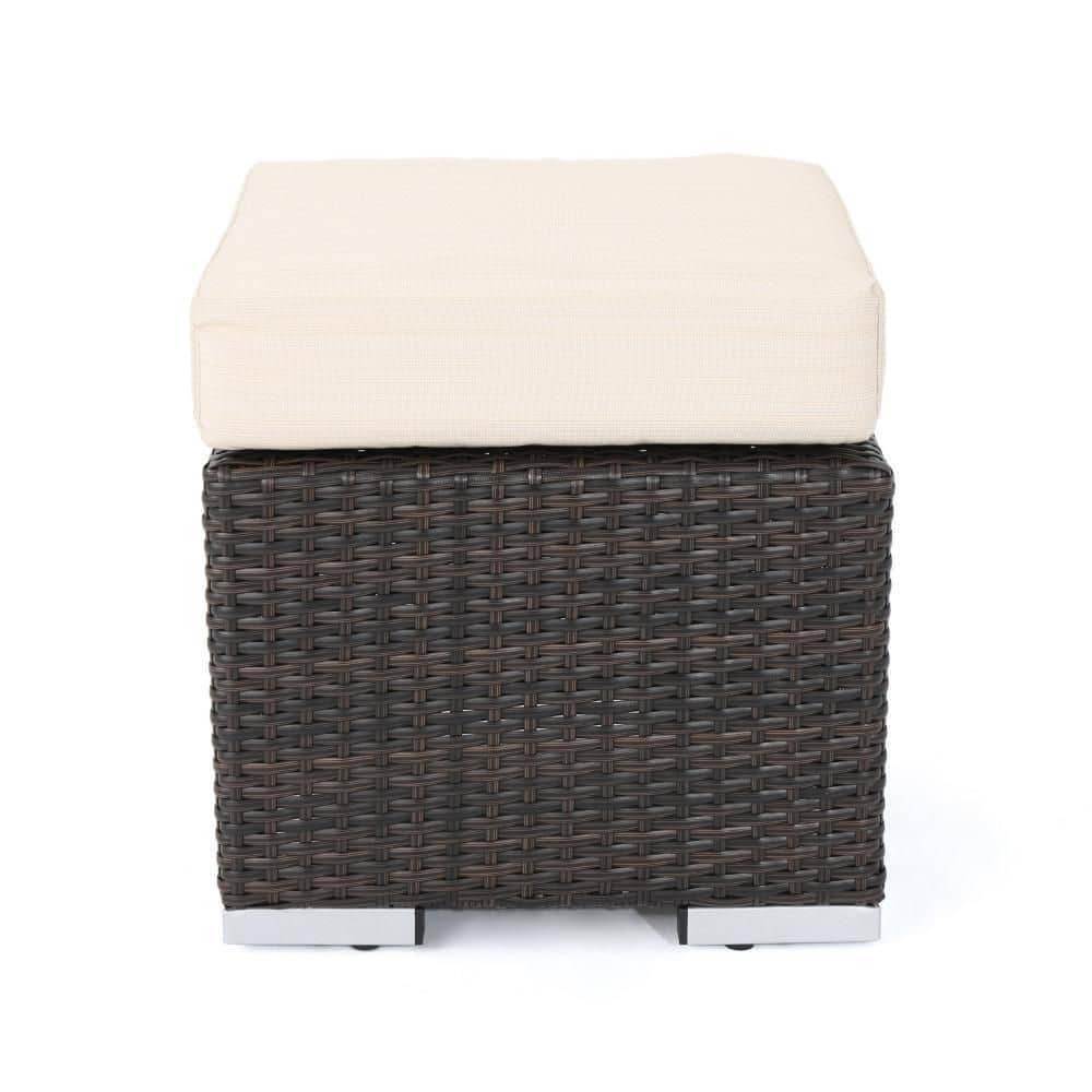 Benjara Sanie Brown Wicker Outdoor Ottoman with Beige Waterproof ...