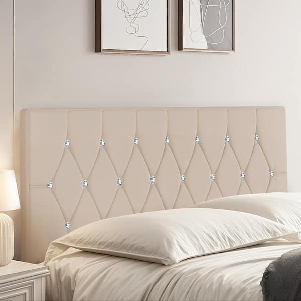 VECELO Queen Velvet Headboard Diamond Tufted 6 Heights 39.8 in. - 49.8 in. Easy Assembly Beige