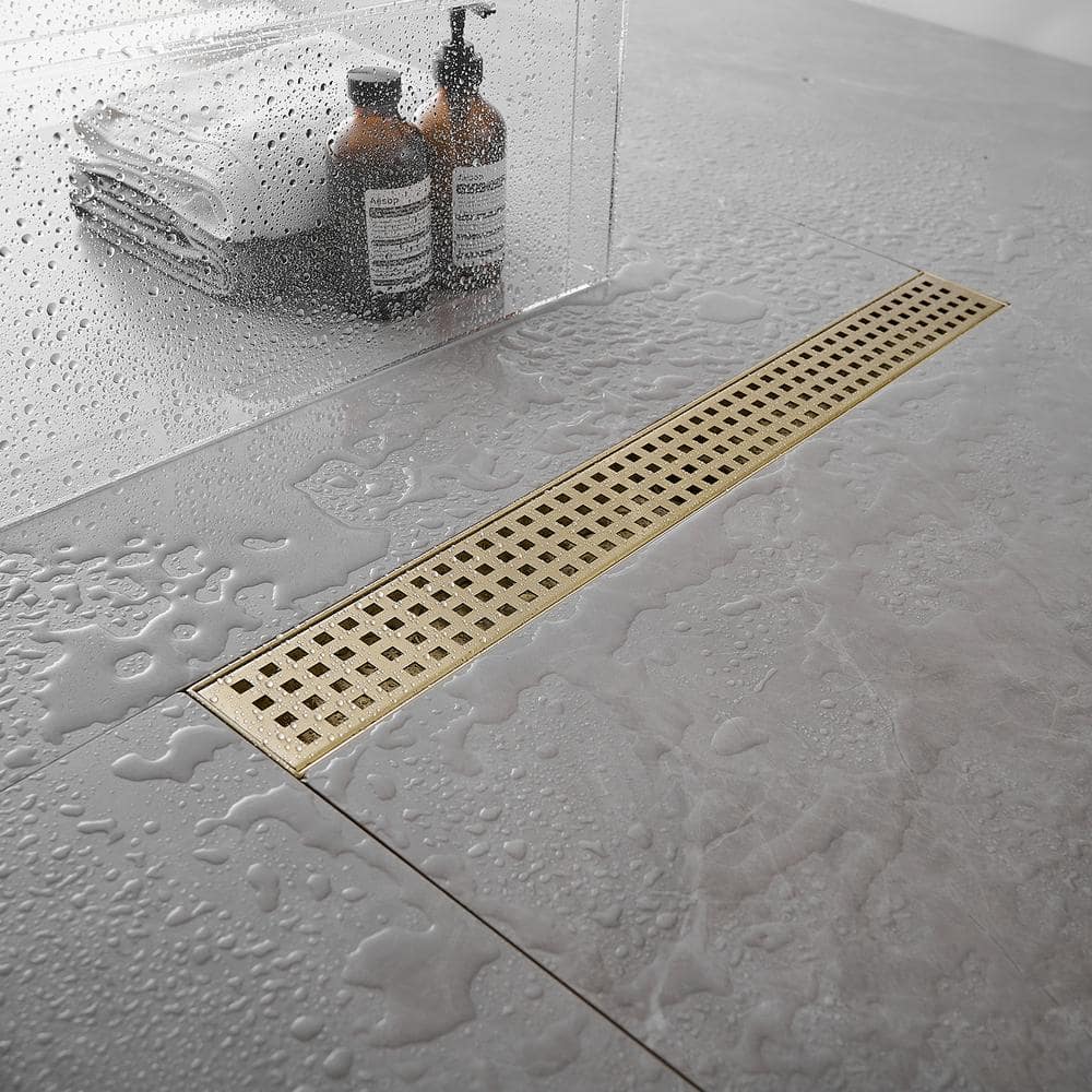 Brushed Gold 24-Inch Stainless Steel Linear Shower Drain with Square Pattern