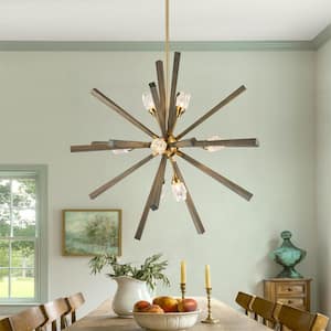 40.2 in. 8-Light Gold wooden Dimmable Sputnik Chandelier Sphere Chandelier with Glass Shades