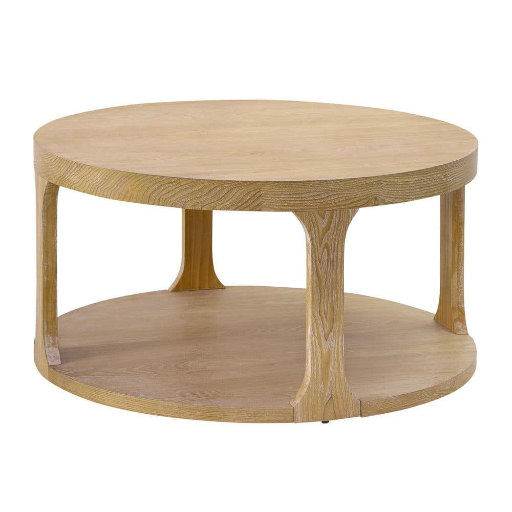 Nevor Modern 34.25 in. Natural Round MDF Wood Coffee Table with 2-Tier Storage Shelf and Solid Pine Legs