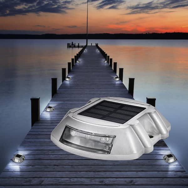 Dock Lights LED Solar Powered 4-Pack Outdoor Waterproof Wireless 6 LEDs Dock Lights with Screw for Path Warning, White
