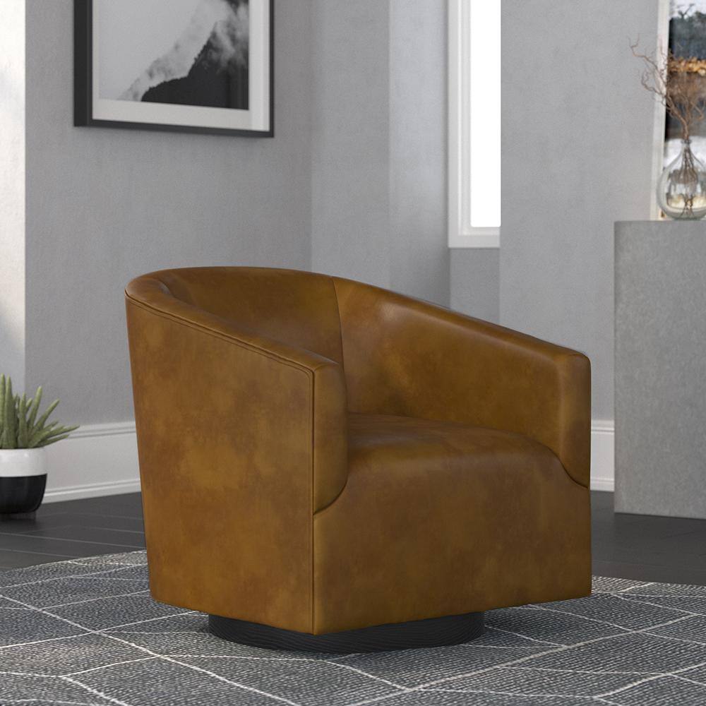 Gaven Camel Faux Leather Swivel Barrel Chair with Wood Base