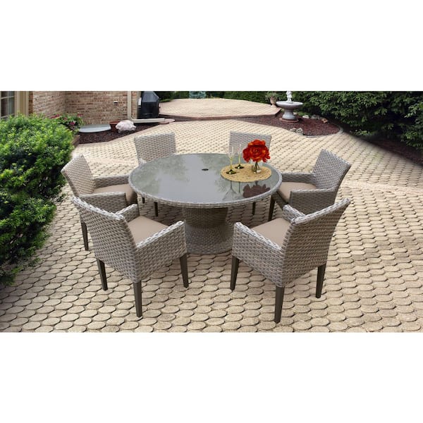 TK CLASSICS Oasis 7-Piece Outdoor Wicker Patio Dining Set with Wheat Cushions