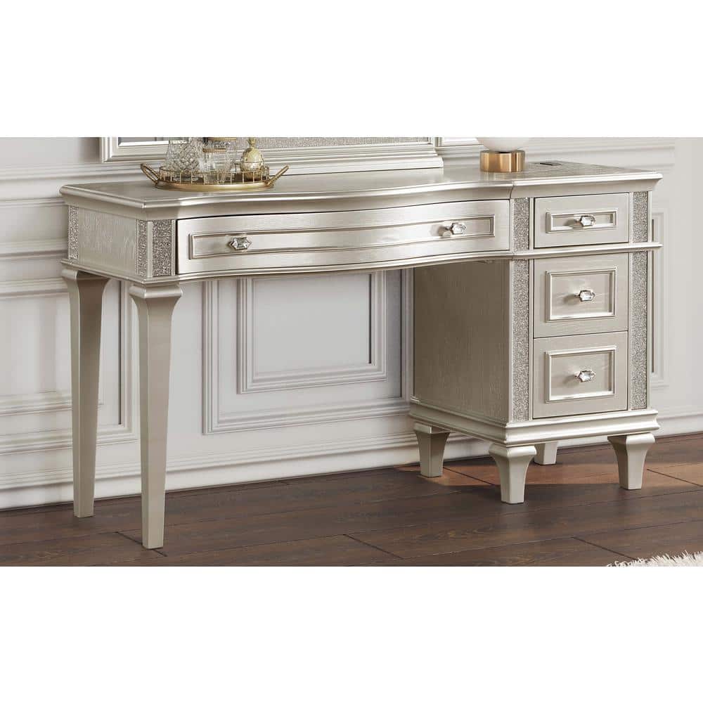 Evangeline Silver Oak 4-Drawer Vanity Table with Faux Diamond Trim
