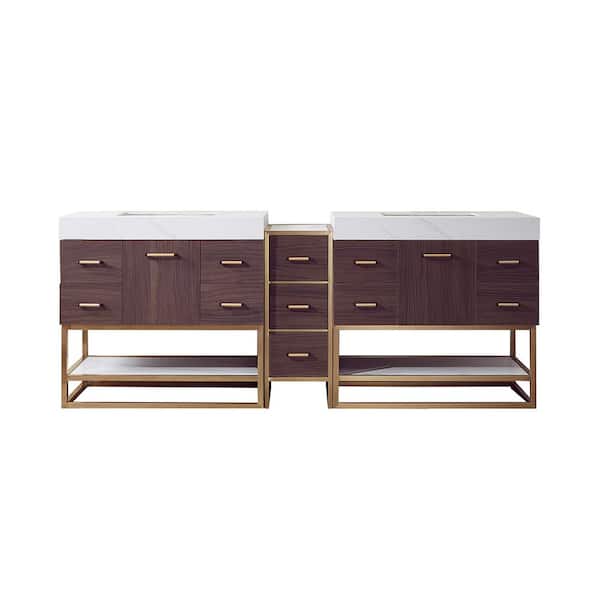 ROSWELL Toledo 84 in. W x 22 in. D x 34 in. H Bath Vanity in Dark Walnut with White Composite Stone Top
