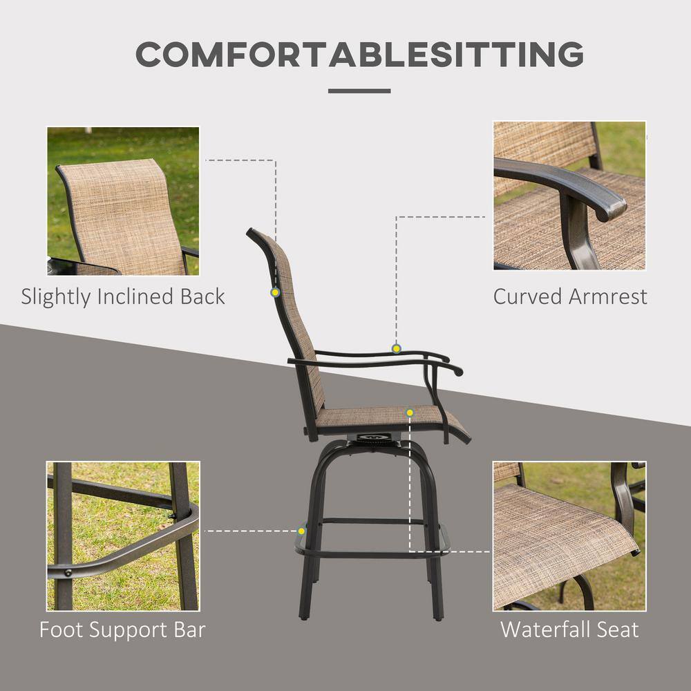 Brown Steel Frame Outdoor Swivel Bar Stools with Armrests