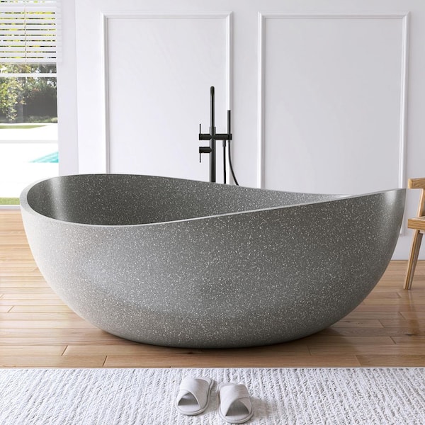 65 in. x 39 in. Wave Terrazzo Stone Solid Surface Flatbottom Freestanding Soaking Bathtub in Gray(Outdoor-Compatible)