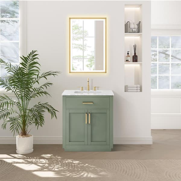 Ivy 30 in. Single Freestanding Vintage Green Bath Vanity with Carrara White Marble Top Assembled