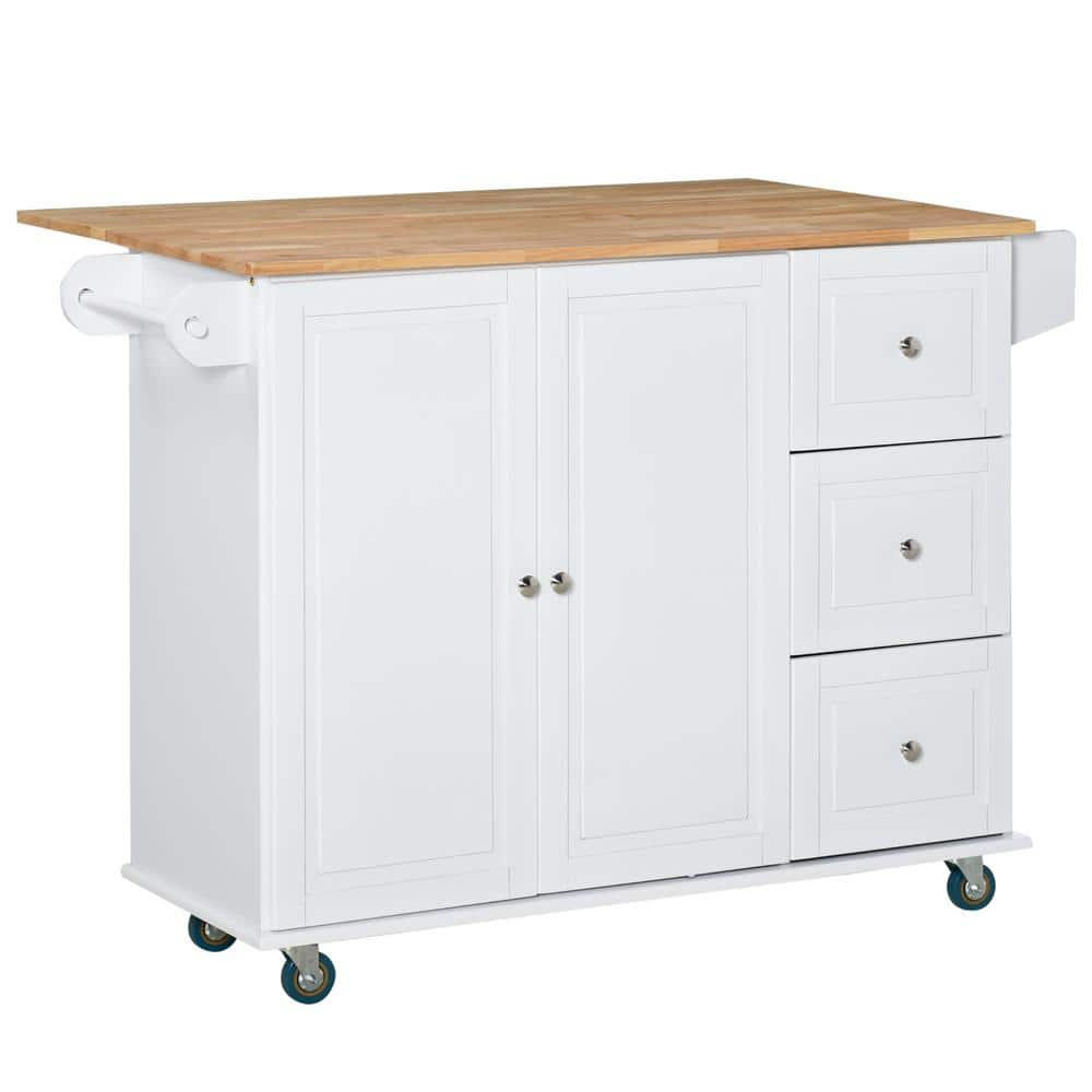 HOMCOM White Rolling Island Kitchen Cart with 3-Drawers, Cabinet and ...