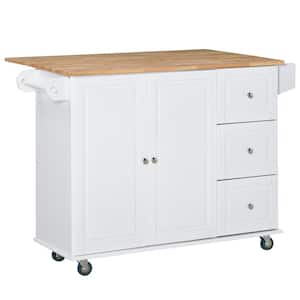 White Rolling Island Kitchen Cart with 3-Drawers, Cabinet and Towel/Spice Rack