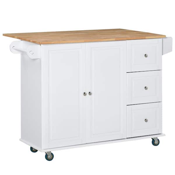 HOMCOM White Rolling Island Kitchen Cart with 3-Drawers, Cabinet and Towel/Spice Rack