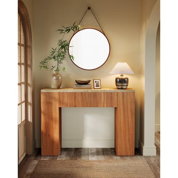 BYBLIGHT Turrella 43.3 in. Light Brown Console Tables, Rectangle Farmhouse Wooden Console Table with Double Pedestal
