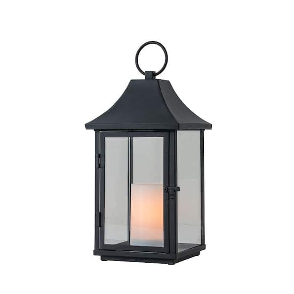 H14'' Outdoor Solar Lantern with Flickering LED Candle Black Metal Decorative Lantern with Tempered Glass Hanging