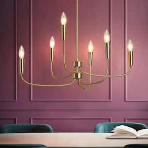 6-Light Plating Brass Candlestick Oblong Chandelier with Varying Lengths of Arms for Living Room with no Bulbs Included