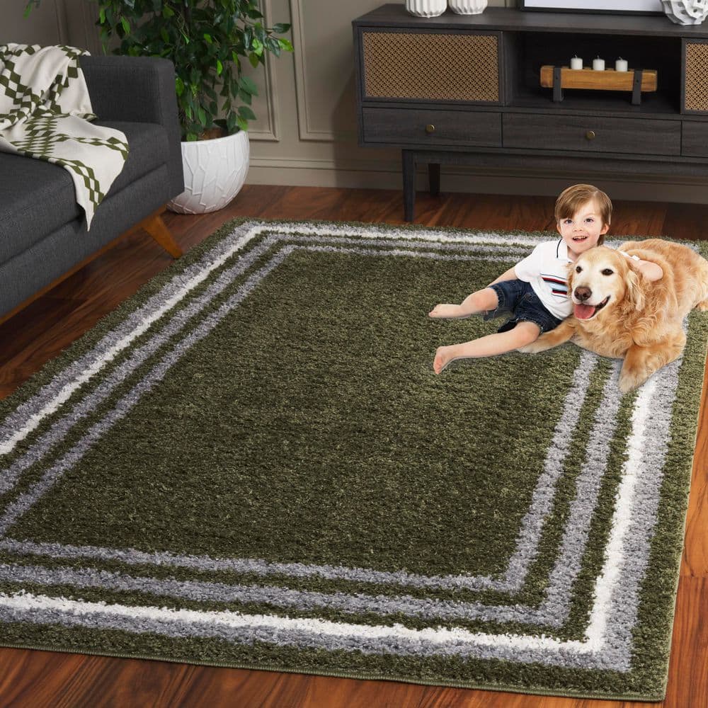 Green Square Tufted Shag Wool Area Rug, 6'7"
