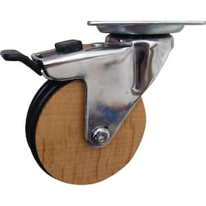 3 in. Beech Wood, Rubber Like TPU and Steel Swivel Plate Caster with Locking Brake and 100 lb. Load Rating (4-Pack)
