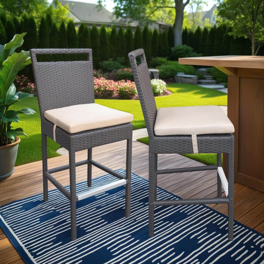 Contemporary Tropez 46.5" Beige Cushioned Wicker Barstool