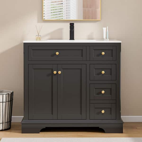 36 in. W x 18.7 in. D Single Sink Freestanding Black Bath Vanity with White Integrated Resin Top and Drain Faucet Set