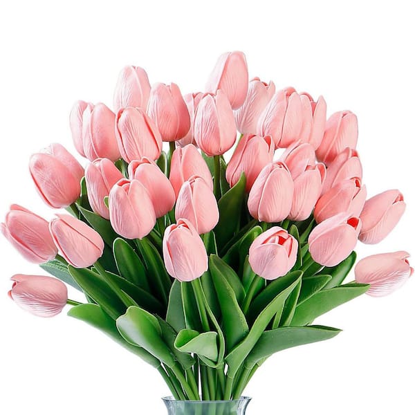 13 in. Pink Indoor Artificial Tulip Flower, Milk Pink, 30-Pieces